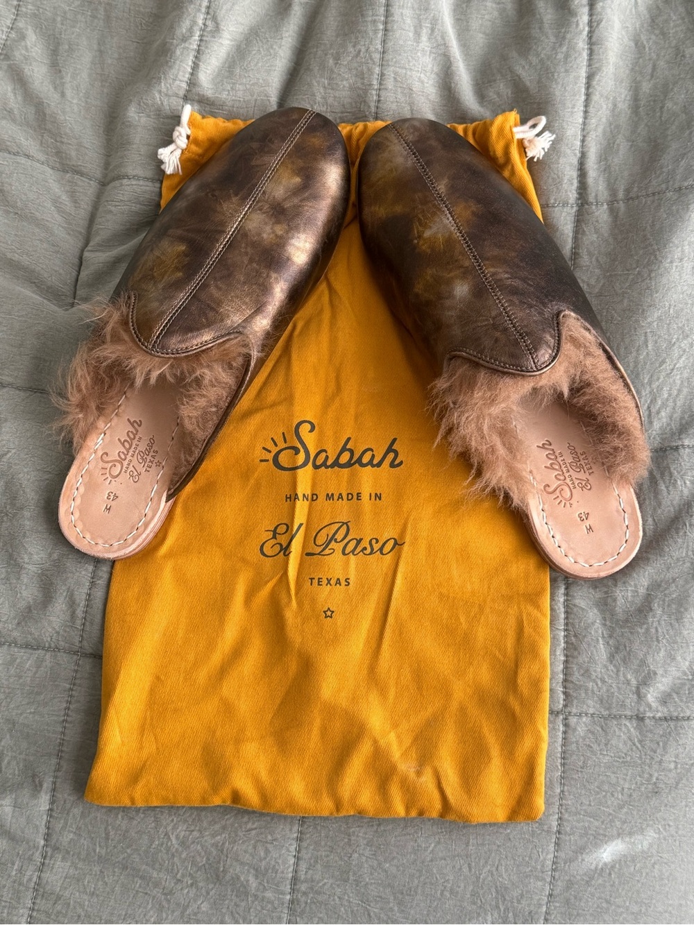 Sabah Metallic Distressed Leather Fur-Trim Mule Slippers - Brown
